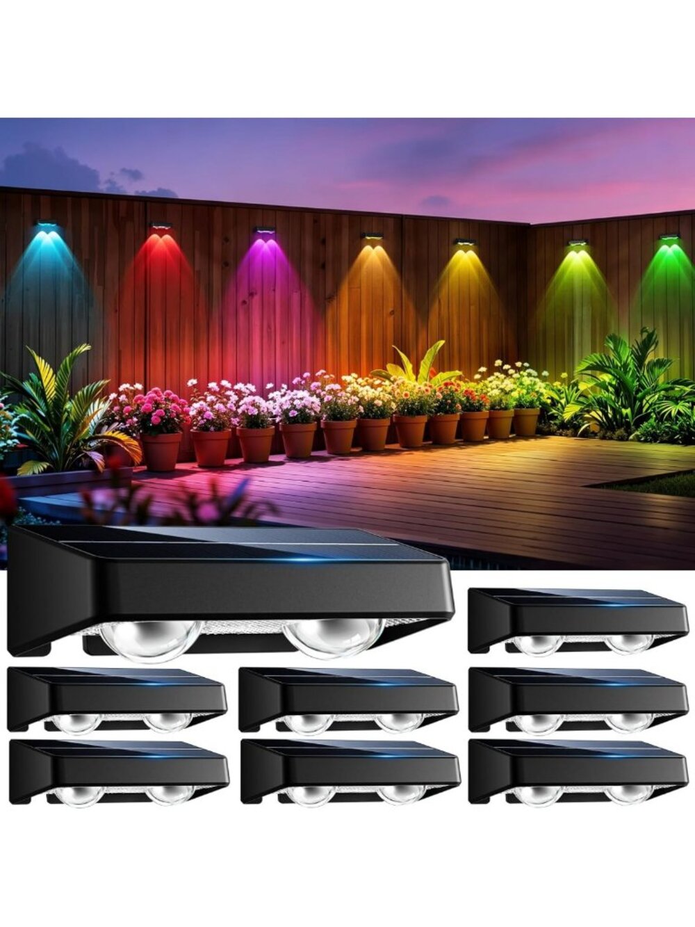 8 Pack Solar Fence Lights - Waterproof RGB Color Changing, 11 Modes for Garden